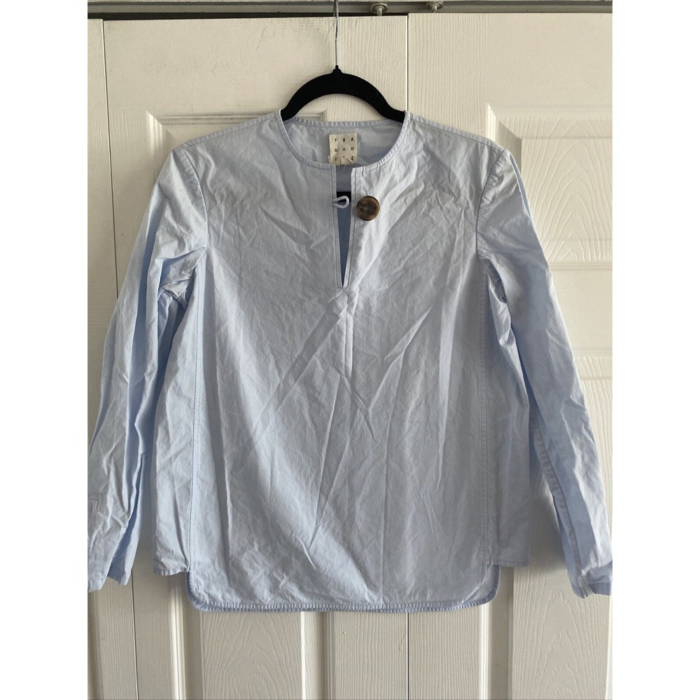 Trademark Split Neck Blouse Womens 2 Blue Poplin Oversized Button Cotton Size 2